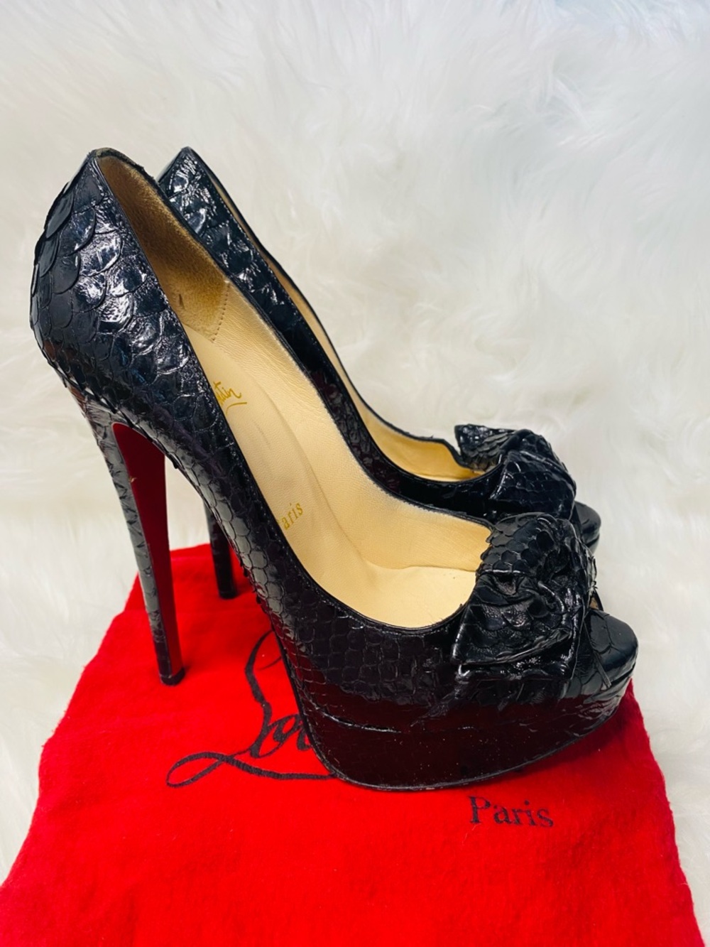 Christian Louboutin Black Python Madame Butterfly Peep Toe Heels. Authentic.